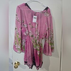 XL Mushka Sienna Rose Pink Floral Wide Sleeve Sheer Dress